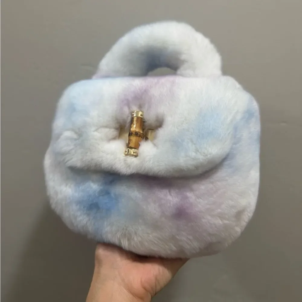 Stunning Real Rex Rabbit Fur Handmade Top Handle Bag &  Fur Balls Bag Charm